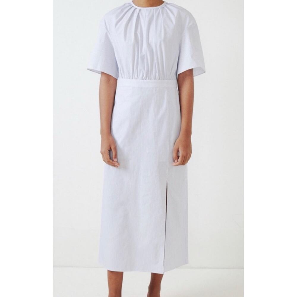 Jeana Sohn Claudia Cotton Blue White Pinstripe Back Button Midi Dress M - Picture 2 of 12